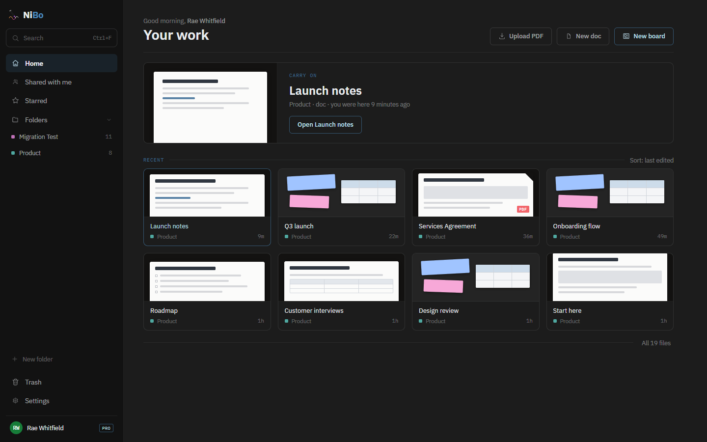 Nibo's home screen: a 'Carry on' card offering to reopen the document you were last in, above a grid of recently edited documents, boards and PDFs, each with a preview, its folder and when it changed.
